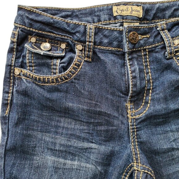 Earl Jeans Straight Leg Embellished Thick Stitching Crystal Button Flap Pocket 4 - Picture 5 of 16